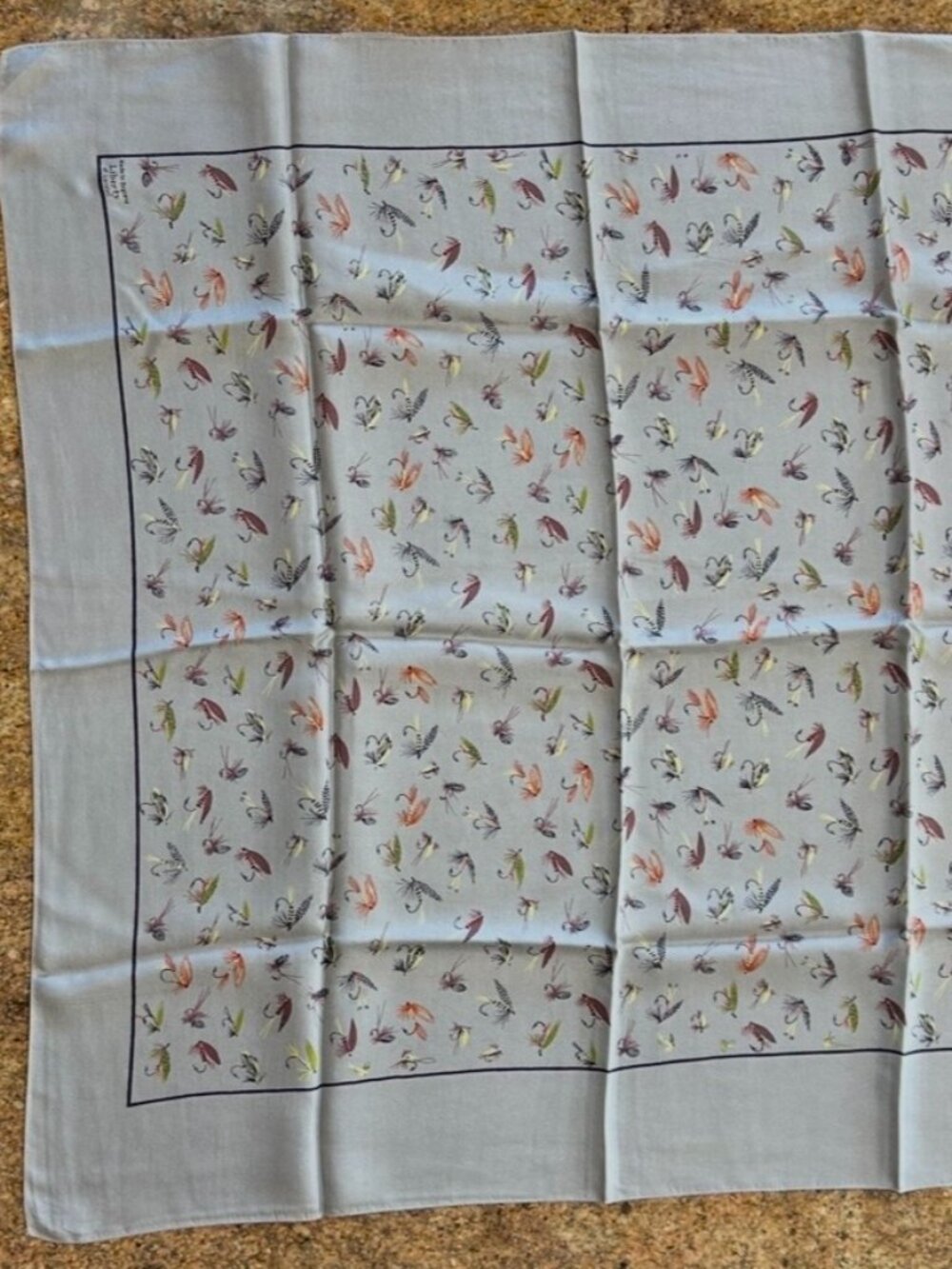 Vintage Liberty of London Gray Fly Fishing Lure Silk Scarf Made in England
